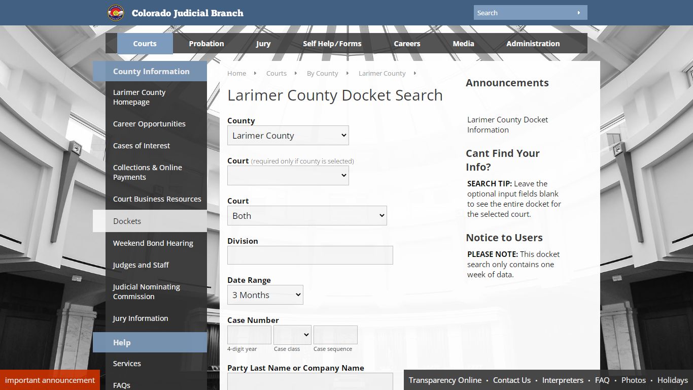 Colorado Judicial Branch - Larimer County - Dockets
